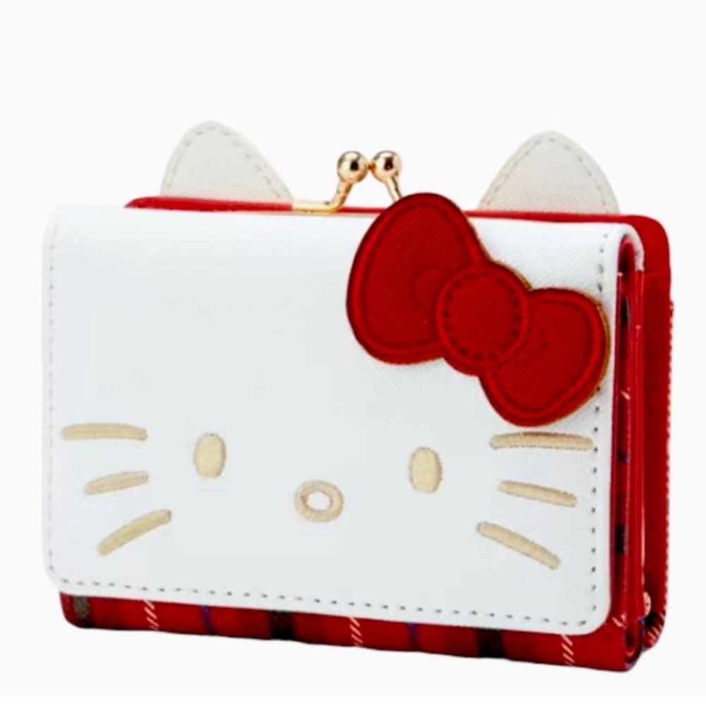 NEW Hello Kitty Textured Multi-Pocket Kisslock Wallet White Plaid Bow Cat Y2K